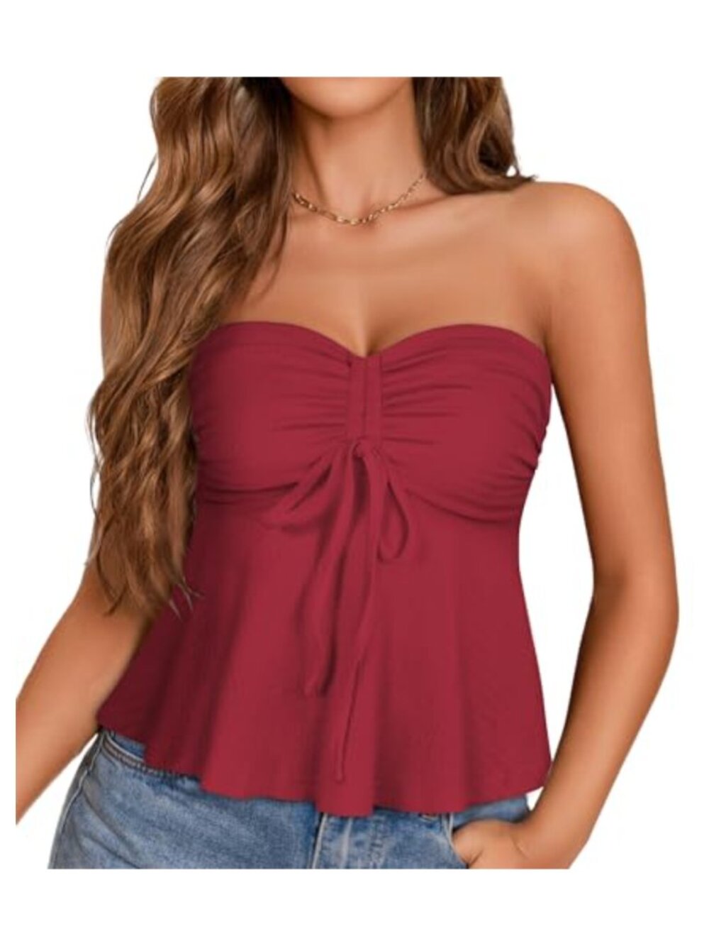 Women's Strapless Tube Top Ruffle Hem Tie Front Bandeau